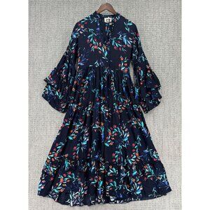 Jaase Women Maxi Dress Size XS Navy Blue Green Floral Long Sleeve Ruffle Hem